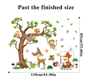 Detail showing finished size of cartoon forest animal wall stickers with dimensions