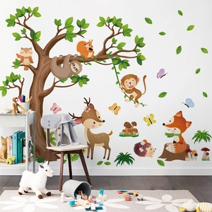 Close-up of forest animal wall stickers with sloth, monkey, and deer for kids' rooms