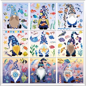 Detailed set of nine watercolor ocean gnomes window stickers with sea animals and anchors