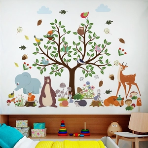 Cartoon forest animals wall decal with trees and giraffe for kids bedroom decor