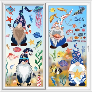 Watercolor ocean gnomes window decals set with sea creatures and lighthouse decorations