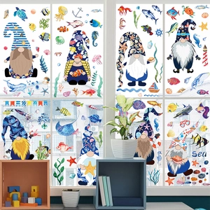 Nautical gnome static window clings set featuring vibrant sea creatures and summer theme