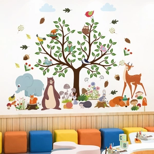Cartoon forest animals wall stickers for kids bedroom with tree elephant and bear designs