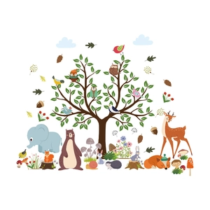Cartoon forest animals and tree wall stickers for kids nursery bedroom decoration