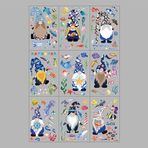 Set of 9 ocean gnome static window clings with watercolor sea creatures and lighthouse