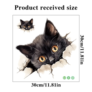 Detailed 3D black cat wall sticker dimensions 30x30cm with realistic wall crack effect