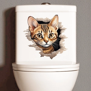 3D realistic brown tabby cat wall sticker appearing through a hole for toilet decor
