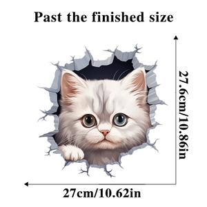 Detailed size chart of a 3D white cat wall sticker emerging from a cracked wall