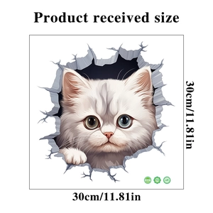 3D white cat wall sticker detail showing the 30x30cm size and waterproof PVC material