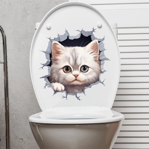 Detailed 3D wall sticker showing a white odd-eyed cat peering through realistic wall cracks