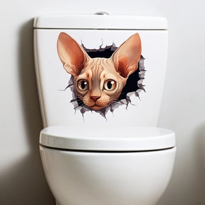 3D hole effect wall sticker featuring a realistic Sphynx cat head on a white toilet tank