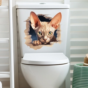 3D realistic Sphinx cat wall sticker appearing through a cracked surface on toilet tank