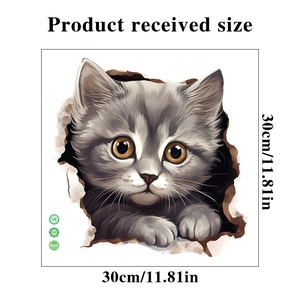 Detailed view of a 30x30cm PVC wall sticker featuring a 3D cat peeking through a hole