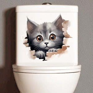 Detailed 3D effect gray tabby cat sticker peering through a realistic broken surface on a wall