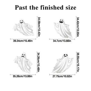 Detailed size chart for four white Halloween ghost wall decals with cm and inch dimensions