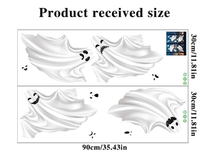 Layout of white ghost window stickers for Halloween with dimensions 90cm by 30cm
