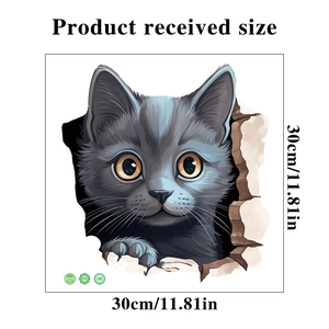 Detailed view of 3D grey cat wall sticker showing 30x30cm size and waterproof PVC material