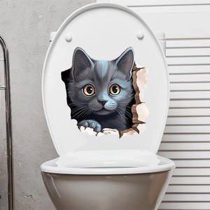 3D realistic gray kitten sticker detail showing fine fur texture on a white toilet lid