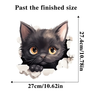 Detailed 3D black cat wall sticker with orange eyes peeking through a broken wall gap