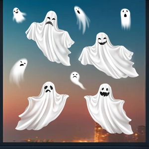 Set of white Halloween ghost window stickers with varied spooky expressions for decor