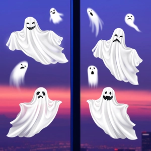 Halloween white ghost window stickers set with various cartoon expressions for party decor