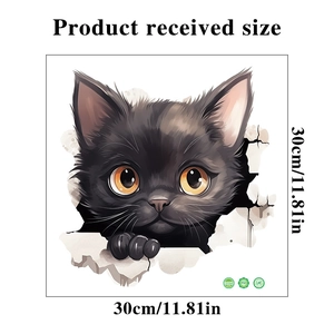 3D cartoon black kitten peeking through white wall hole sticker, 30x30cm PVC decal