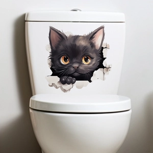 Detailed view of 3D lifelike black cat wall sticker on a white bathroom toilet tank