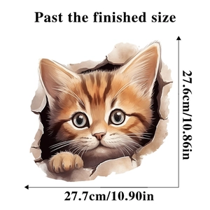 Detailed size dimensions of 3D cat wall sticker showing realistic tabby cat peeking out