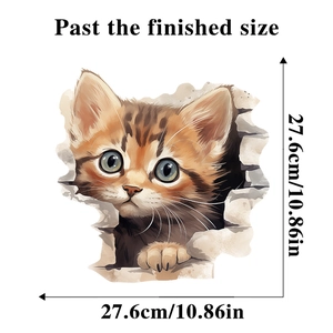Detailed size view of a 3D cat wall sticker popping out from a realistic broken wall hole