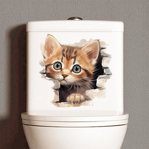 3D realistic cat wall sticker peeking out of a hole on a white toilet tank lid