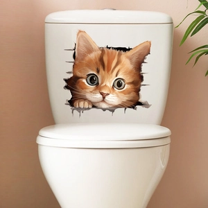 3D realistic orange kitten wall sticker showing a vivid cat jumping out of a toilet tank