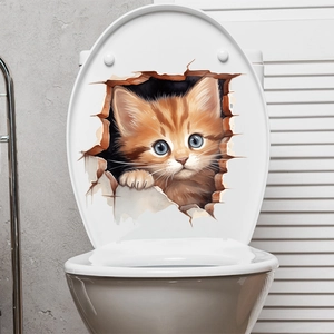 3D vivid orange cat wall sticker with broken wall effect for bathroom toilet decor
