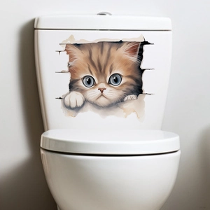 Detailed 3D cat wall sticker showing a cute kitten breaking through a toilet lid surface