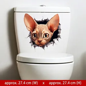 3D Sphynx cat wall sticker 27.4cm detail on white toilet tank with realistic skin texture