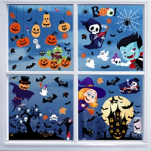 Cartoon Halloween window stickers set with pumpkin, ghosts, and bats on white frame
