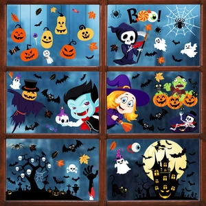 Detailed Halloween static window decals featuring pumpkins, ghosts, and spooky castle scenes