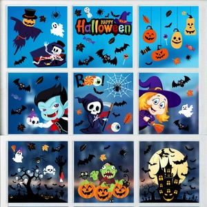 Detail view of colorful Halloween window clings featuring pumpkins ghosts and bats stickers