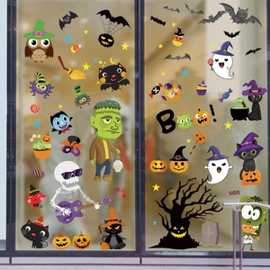 Vibrant Halloween window decals with Frankenstein, pumpkin, and bat motifs on glass