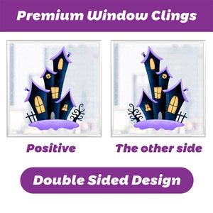 Double-sided Halloween window clings featuring a haunted house with yellow lights and fence