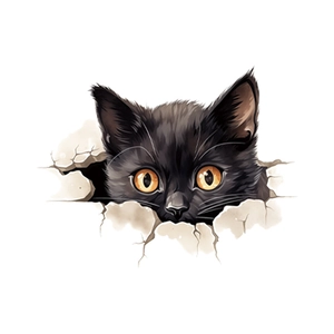 3D realistic black kitten peeping through cracked wall decal for bathroom decoration