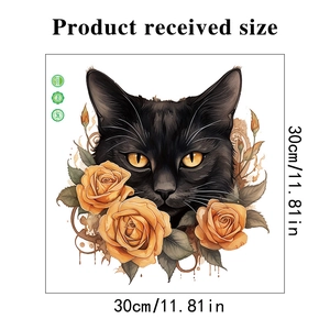 Macro view of 30x30cm Halloween toilet sticker with black cat and orange roses