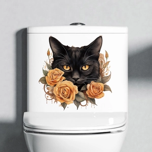 Detailed toilet sticker featuring a black cat with orange roses for Halloween decor