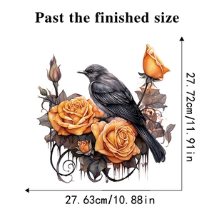 Detailed view of bird and orange rose sticker with specific size dimensions in centimeters