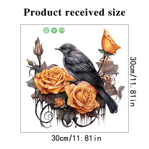 Size guide for 30cm PVC wall sticker with bird and orange roses for Halloween decor