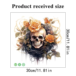 Gothic 30x30cm PVC wall sticker with skull and orange rose for Halloween toilet decor