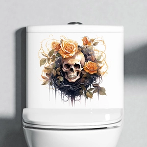 Skull and yellow rose toilet sticker decor for Halloween bathroom scene setup