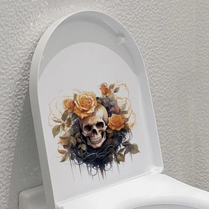 Detail view of Halloween toilet lid decal with vintage skull and yellow roses design