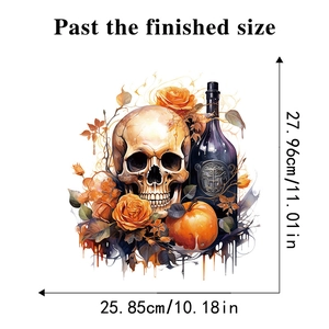 Halloween toilet sticker detail showing skull, orange roses and size measurements