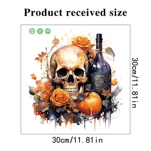 30x30cm Gothic Halloween wall sticker featuring a skull with orange roses and ink splatters