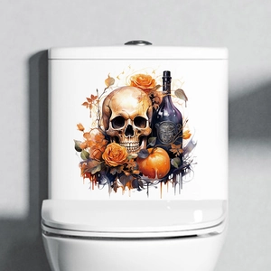 Halloween toilet seat decal featuring skull, orange roses, and pumpkin gothic decor